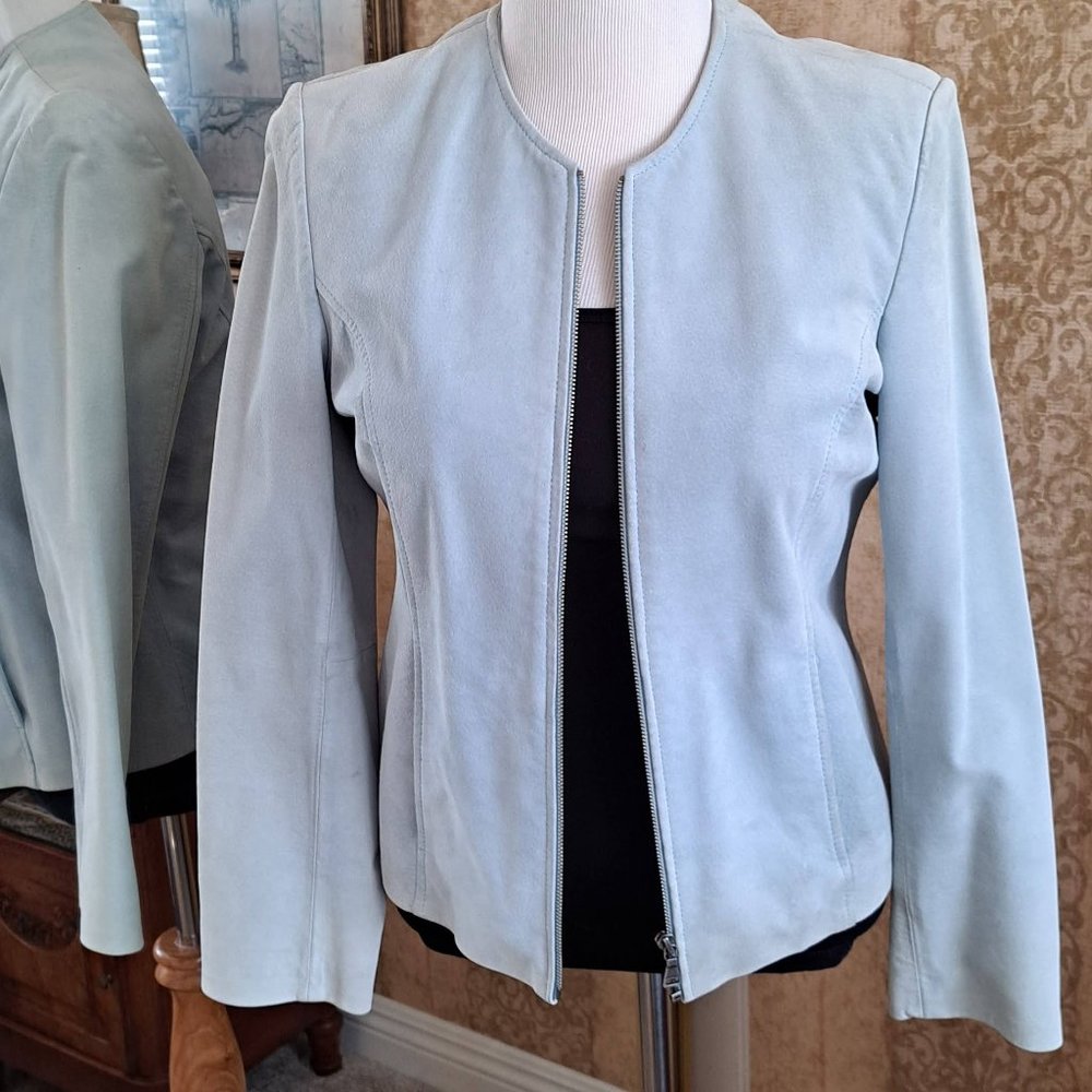 BERNARDO NORDSTROM BLUE SUEDE LEATHER JACKET WASHABLE LINED DETACHABLE FUR SCARF